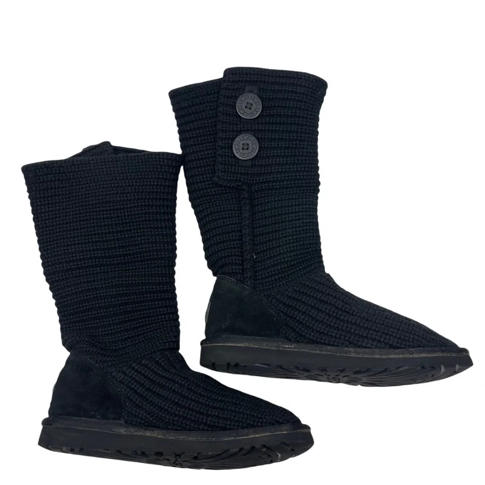 UGG Cardy Knit Buttons Boots Kids Size 5 Suede Foldable Short Tall Black Cozy